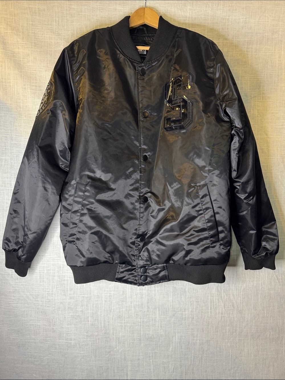 STARTER Black Satin Varsity Bomber Jacket with 'S' Patch